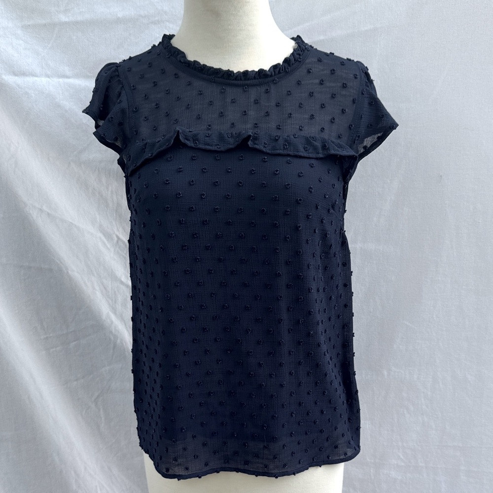 Monteau Navy Textured Ruffle Blouse Size Medium